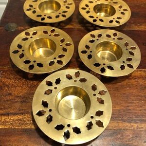 5 Solid Brass Candle Holders 4-1/2" Holly Leaf Berry Design
